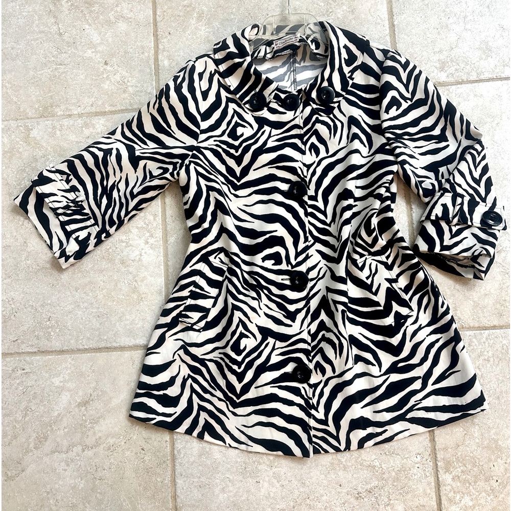 Black and White Zebra Print Lightweight Pea Coat 3/4 Sleeves - Picture 5 of 5